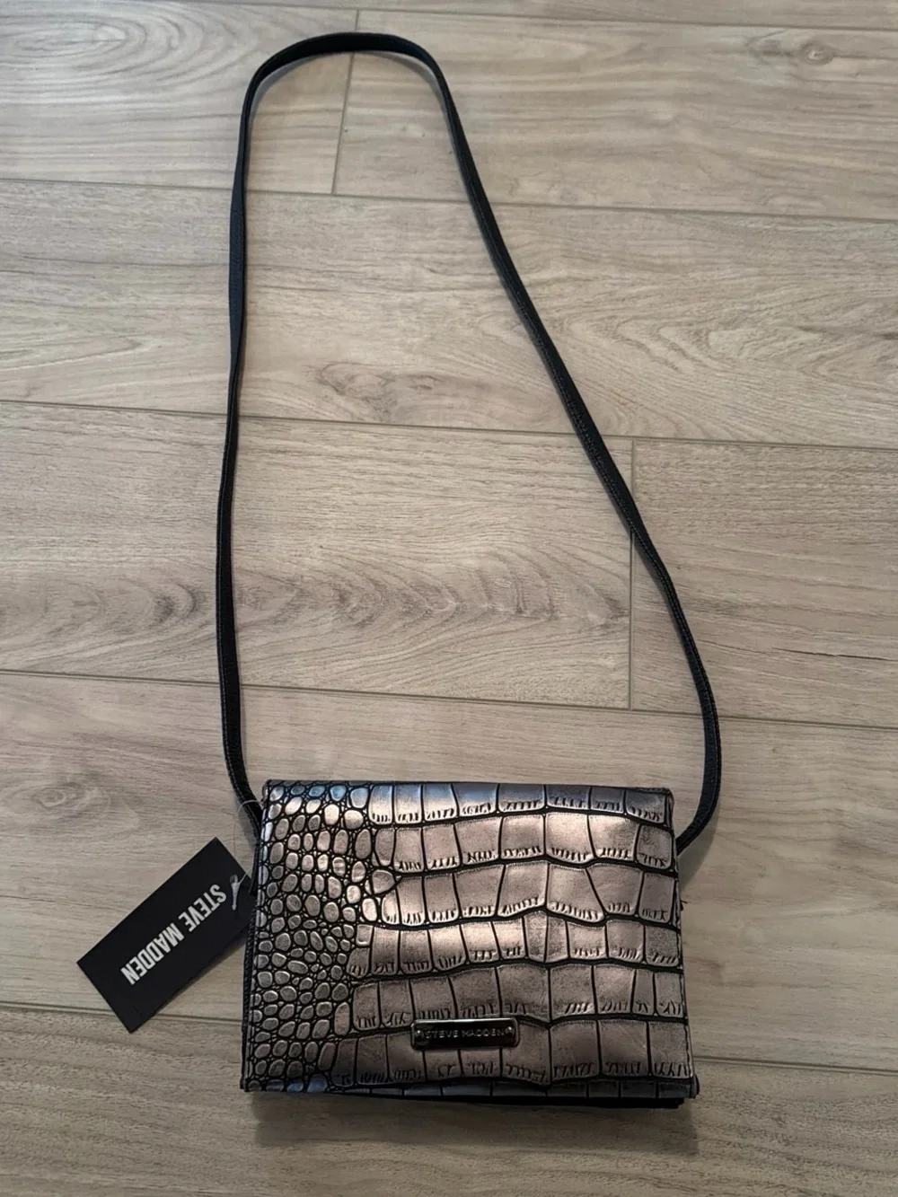Steve Madden Metallic Croc-Embossed Crossbody Bag - Silver/Black